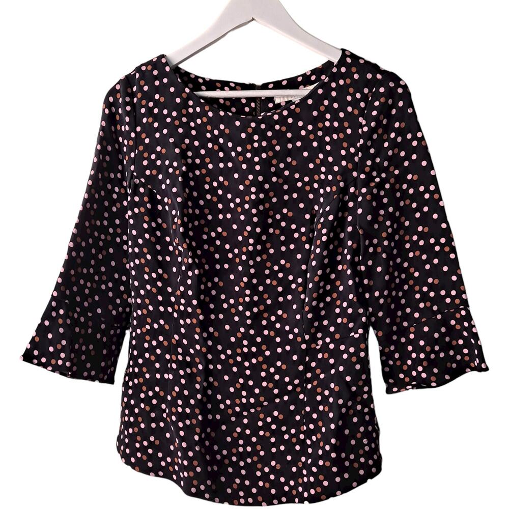 Boden Delia Navy w Pink Polka Dotted Peplum Top 3/4 Sleeve Blouse - Size US6